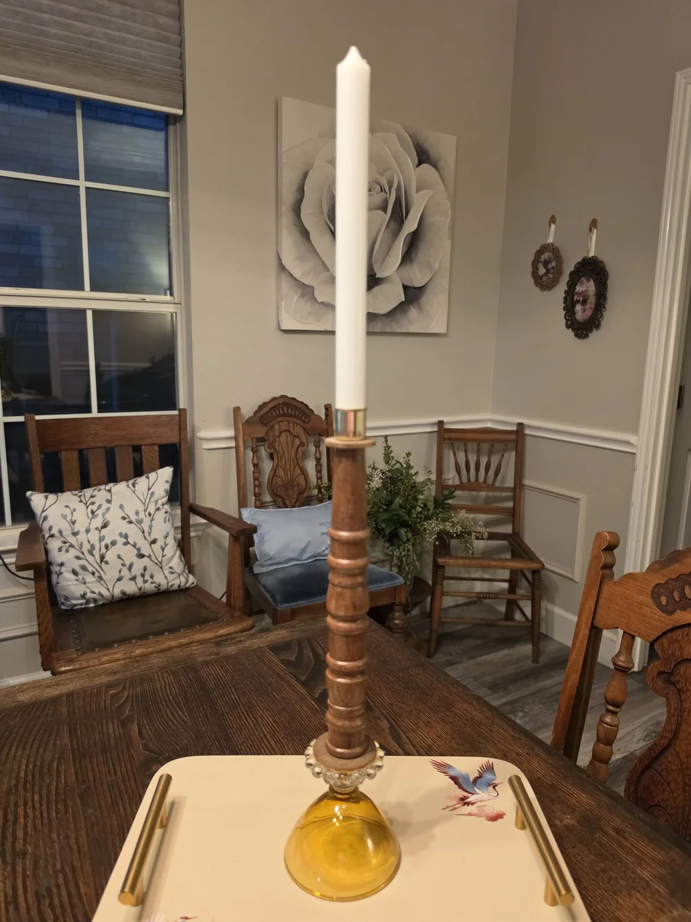 Vintage turned wood taper candlestick holder Colorful amber glass base
